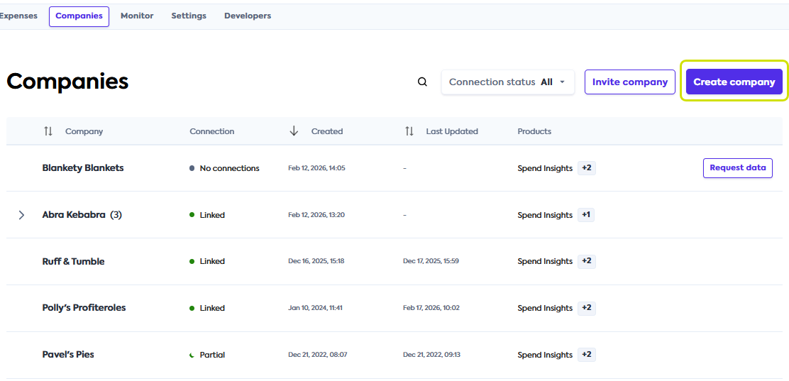 An image of the Codat Portal user interface with three companies listed as examples and the Create company button highlighted