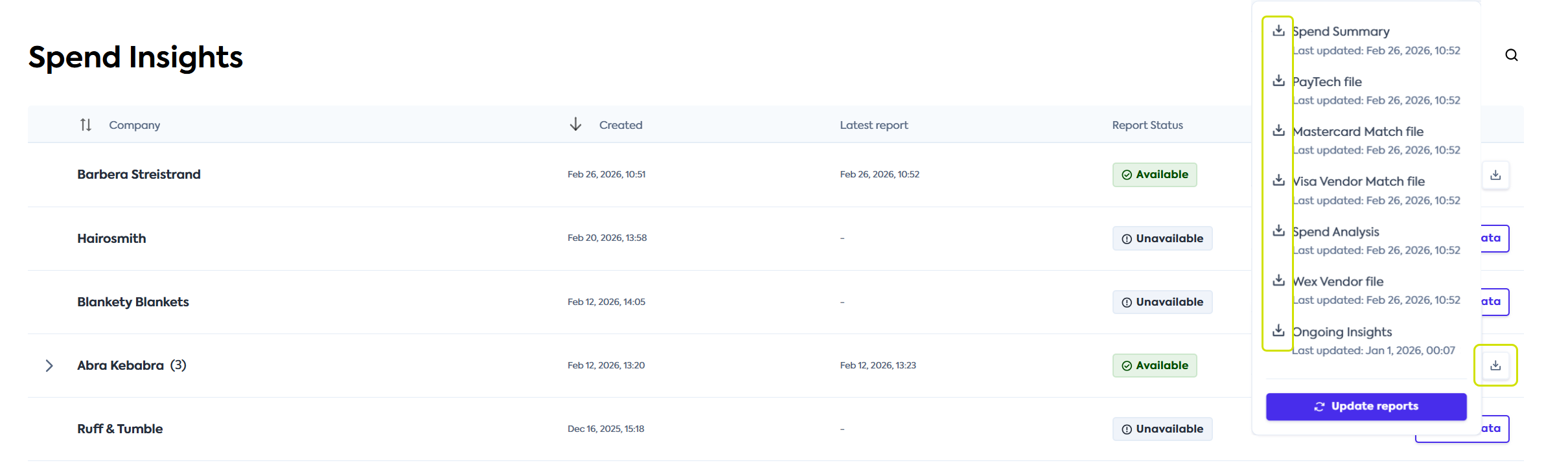 An image of the Portal user interface with the download dropdown displayed and download button highlighted for an example company