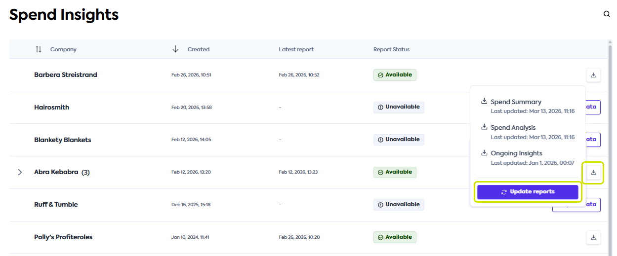 An image of the Portal user interface on the Spend Insights tab with the Update Reports button visible and highlighted.
